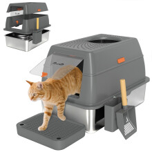 Geschlossene Katzentoilette aus Edelstahl mit Deckel und Anti-Streu-Stufe, 60 x 40 x 38 cm, dunkelgrau