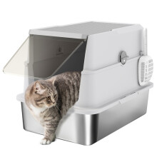 XL gesloten kattenbak van roestvrij staal, groot kattentoilet, 60,2 x 40,2 x 43,3 cm, lichtgrijs