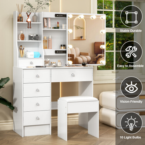 UK Dressing Table 6 Drawers With LED Lights Mirror