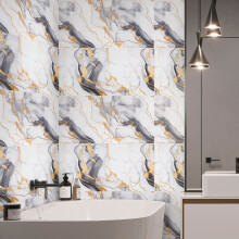 10Pcs Gold Vein Marble PVC Self-Adhesive Wall Tiles 30x60cm, Waterproof Oilproof Fire Resistant Peel and Stick Wall Stickers