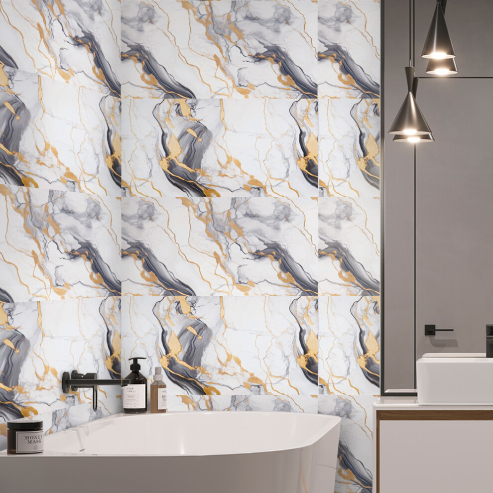 10Pcs Gold Vein Marble Pvc Self-Adhesive Wall Tiles 30X60cm, Waterproof Oilproof Fire Resistant Peel And Stick Wall Stickers 614633894952