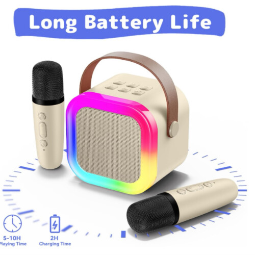 Mini karaokemachine met 2 draadloze microfoons, draagbare Bluetooth-luidspreker met stemvervormende effecten en ledverlichting. 1