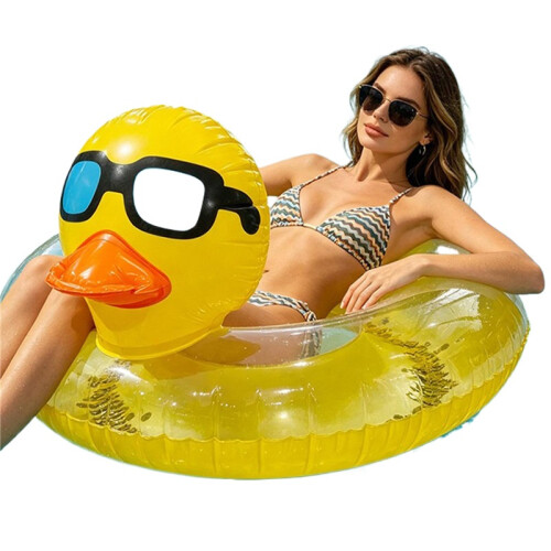 (Gold) Sequined Inflatable Duck Donut Swim Float for Beach Pool Party 1