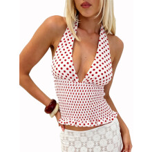 (S, Red) Women Dot Print Halter Tops Slim Fit Sleeveless Open Back Ruffled Hem Smocked Vest Stylish Summer Streetwear