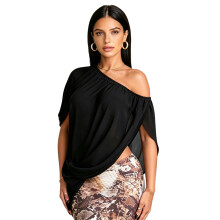 (M, Black) Women's Off-Shoulder Chiffon Tops Trendy Solid Color Asymmetrical Twisted Shirts for Going out Tops Streetwear
