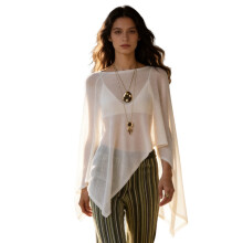 (S, White) Women's Summer Knit Poncho Solid Color Boat Neck Loose Fit Draped Bat Sleeve Pullover Trendy Tops Streetwear