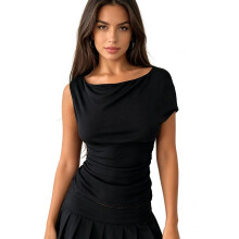 (L, Black) Womens Summer Off the Shoulder Tops Casual Slim Fit Stylish Solid Color Ruched Front Cinched Waist T-shirt