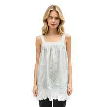 (M, Ivory) Women Summer Pleated Tank Tops Wide Shoulder Straps Linear Texture Sleeveless Square Neck Embroidery Lace Hem Vest