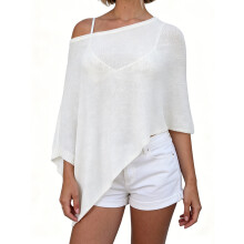 (S, White) Swimsuit Cover Up for Women Off the Shoulder Solid Color Loose Fit Knit Semi Sheer Poncho Tops for Beach