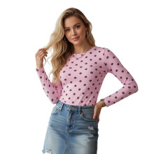 (M, Pink) Womens Autumn Tops Long Sleeve Crew Neck Dot Print Casual Slim Fitted Going Out Shirts