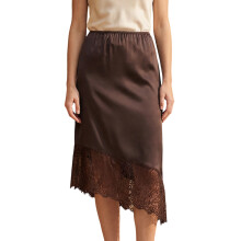 (M, Dark Brown) Women's Satin Lace Midi Skirt Elegant Solid Color Asymmetric Hem Loose Fit Knee Length Skirt for Party Work Daily Wear