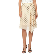 (L, Yellow) Womens Summer Midi Skirt A Line Stylish Dot Print Asymmetrical Hem Mid Rise Skirts