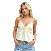 (M, Beige) Women's Sleeveless Camisole Stylish Solid Color Deep V Neck Spaghetti Strap Tank Tops