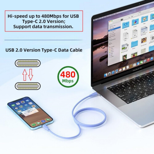 Cabo duplo tipo C para carregamento e dados de 60 W com carregamento rápido compatível com telemóveis e tablets 1