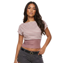 (L, Coffee) Women's Boat Neck Tops Elegant Short Sleeve Stripes Shirt Cinched Waist T-Shirts Crop Tops