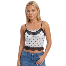 (L, Ivory) Women's Summer Slim Camisole Lace Patchwork Dot Print Spaghetti Strap Mesh Tank Tops Streetwear