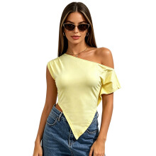 (M, Yellow) Women’s Off One Shoulder Tops Solid Color Slim Fit Short Sleeve Asymmetrical Pointed Hem T-Shirt