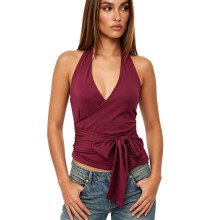 (S, Dark Purple) Women's Halter Tank Tops Summer Deep V Neck Sleeveless Backless Side Tie Wrap Vest Slim Fit Going Out Shirt