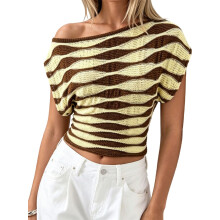 (XL, Yellow) Womens Off Shoulder Knitted T-Shirt Casual Stylish Contrast Color Wave Pattern Boat Neck Short Sleeve Tops for Spring/Summer