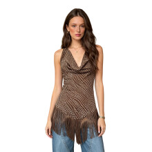 (L, Brown) Women Cowl Neck Tassel Tops Slim Fit Dot Print See Through Sleeveless Vest for Summer Going Out Party Club
