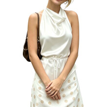 (M, White) Women Satin Tank Tops Halter Neck Sleeveless Open Back Solid Color Tie Waist Summer Vest