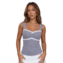 (S, Gray) Women's Knit Camisole Elegant Lace Trim Sleeveless Square Neck Slim Fit Ribbed Tank Tops for Party Daily Wear
