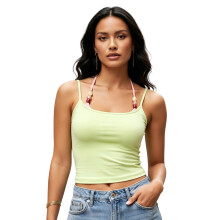 (S, Fluorescent Green) Women 2-piece Set, Tie-up Beaded Halter Bra with Camisole Slim Fit Summer Clubwear