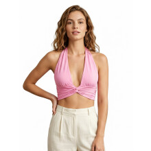 (M, Pink) Women’s Halter Tank Tops Summer Fashion Solid Color Backless Twist Front Crop Vest