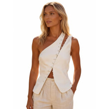 (L, Ivory) Womens One Shoulder Tank Tops Stylish Diagonal Buttons Asymmetrical Hem Solid Color Slim Fit Sleeveless Vest for Summer