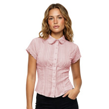 (M, Pink) Women's Lace Trim Collared Shirts Summer Fashion Slim Fit Short Sleeve Button Down Crop Tops