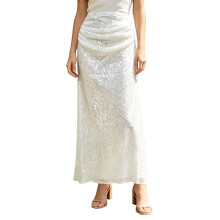 (L, Silver) Women Summer Sequin Skirts Elegant Ruched Waist Sparkly Long Formal Skirt for Beach Club Party Streetwear