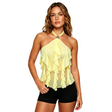 (M, Yellow) Women's Summer Halter Tank Tops Solid Color Sleeveless Backless Cropped Vest Ruffles Decorative Floral Brooch Going Out Tops