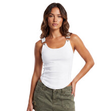 (S, White) Women's Ribbed Tank Tops Stylish Sleeveless Camisole with Metal Buckle Straps and Curved Hemline