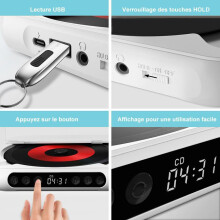 Reproductor de CD Bluetooth portátil con altavoces integrados, puerto USB, conector de 3,5 mm, batería de 2000 mAh, reproducción de CD y MP3