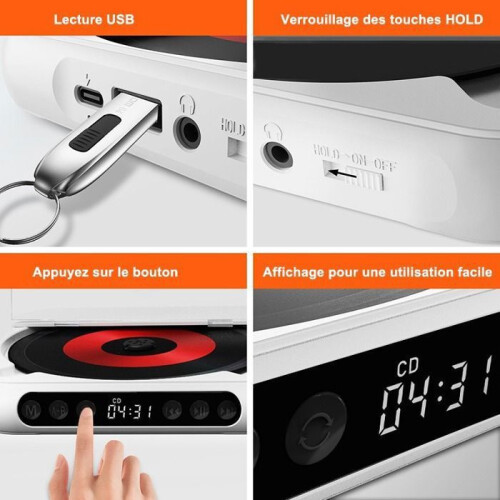 Φορητό Bluetooth 5.3 CD Player, Επαναφορτιζόμενη 2000mAh, CD/MP3 με USB και έξοδο AUX 3.5mm, Hi-Fi, Λεπτό 2