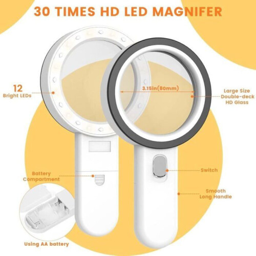 Μεγεθυντικός φακός 30X με φωτισμό και 12 φώτα LED, φορητός μεγεθυντικός φακός ανάγν 1