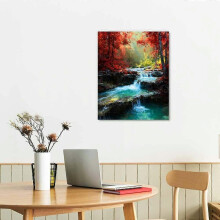 Red Forest Waterfall Canvas Wall Art, 16x20in – for Living Room, Bathroom, Bedroom, Office Decor