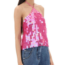 (L, Rose Red) Women Tank Tops Sequins Tie-Up Halter Neck Casual Vests Summer Sleeveless Tops Streetwear
