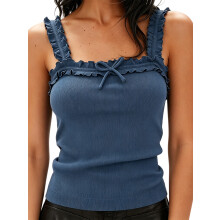 (L, Blue) Women’s Ruffle Trim Tank Tops Trendy Sleeveless Square Neck Solid Color/Stripes Print Tops Slim Fit Shirts