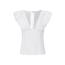 (L, White) Women's Deep V Neck T-Shirt Summer Solid Color Flutter Sleeve Cutout Trendy Tank Tops