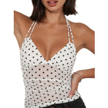 (S, White Black) Women Halter Top, Sleeveless Tops Backless Dots Print Summer Vest Sheer Top for Club Party