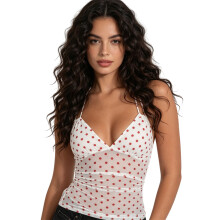 (M, White Red) Women Halter Top, Sleeveless Tops Backless Dots Print Summer Vest Sheer Top for Club Party