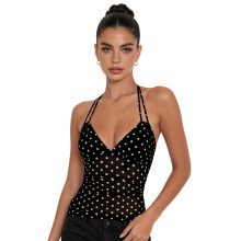 (S, Black) Women Halter Top, Sleeveless Tops Backless Dots Print Summer Vest Sheer Top for Club Party