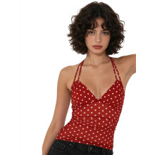 (L, Red White) Women Halter Top, Sleeveless Tops Backless Dots Print Summer Vest Sheer Top for Club Party