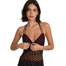 (L, Brown) Women Halter Top, Sleeveless Tops Backless Dots Print Summer Vest Sheer Top for Club Party