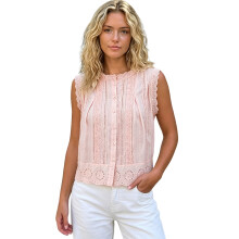 (S, Pink) Women’s Button Down Tank Tops Trendy Sleeveless Round Neck Lace Trim Solid Color Tops Eyelet Shirts