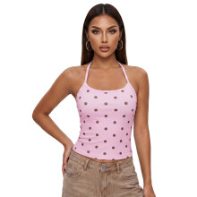 (S, Pink) Women's Halter Neck Tops Fashion Sleeveless Dota Print Slim Fit Cami Tops Summer Shirts