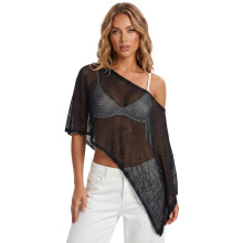 (M, Black) Women Knit Poncho Tops Fashion Off One Shoulder Solid Color Loose Fit Summer Cover Up Shawl Wrap