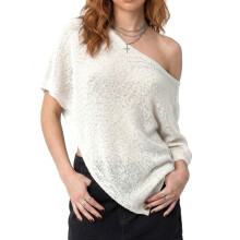 (M, White) Womens Knit Poncho Tops Solid Color Off One Shoulder Lightweight Shawl Sheer Asymmetric Cape for Summer
