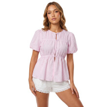 (M, Pink) Womens Summer Tops Puff Short Sleeve Crew Neck Striped Print Fashion Button Down Blouses